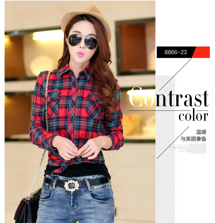 Blusa xadrez de flanela feminina, camisa casual