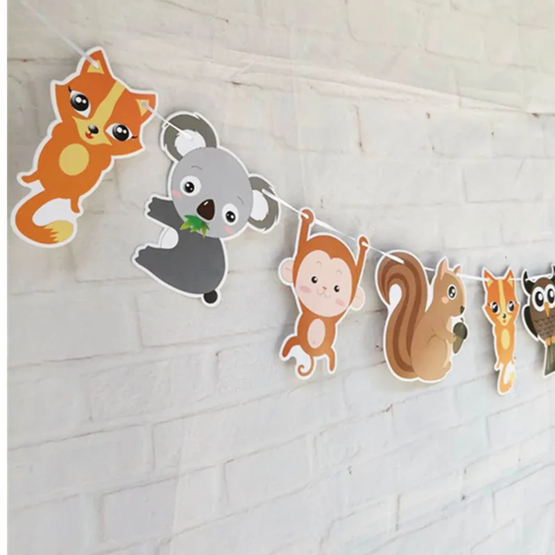 Woodland Creatures Banner Pennant Jungle Animals Fox Squirrel Raccoon Garland Bunting for Baby Shower Kids Birthday Decorations