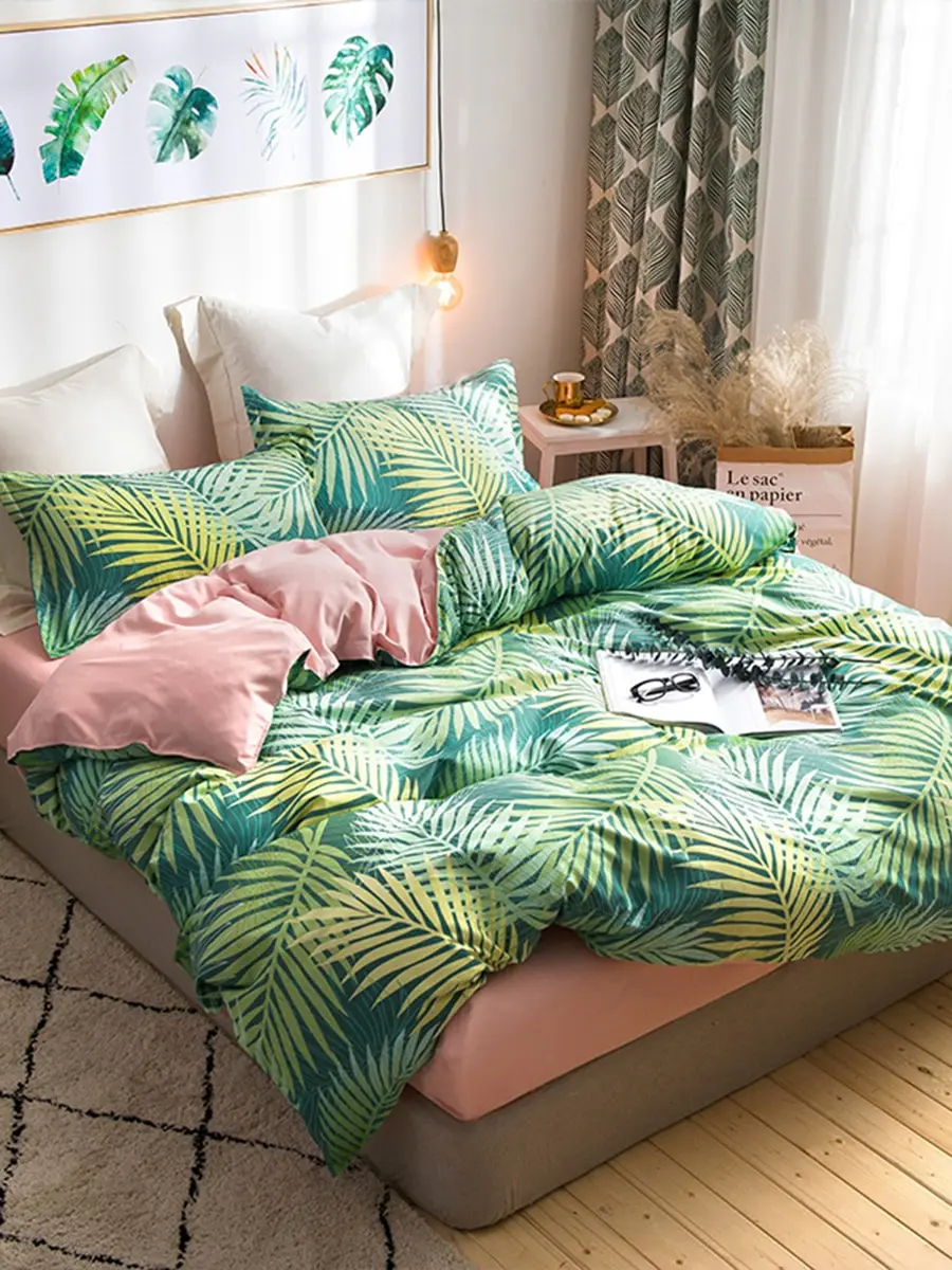 

3/4Pcs Bedding Set Plant Pattern Color Block Personalized Bed Sheet Set