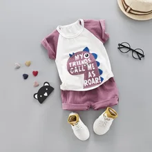 Комплект летней одежды для маленьких мальчиков и девочек, новинка года, милая детская одежда с рисунком динозавра и надписью рубашка с короткими рукавами костюм для мальчиков