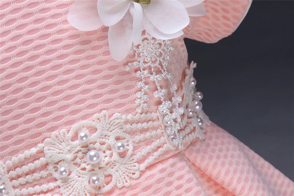 High Quality Flower Daby Dress For Girls Pink Cute Pearl Infant 1 Year Birthday Patry Princess Ball Gown Baby Christening Dress (8)