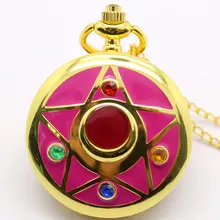 Сейлор Мун тема Красный цвет чехол Звезда кварцевые карманные часы с ожерельем подарок девочкам дамским женщинам