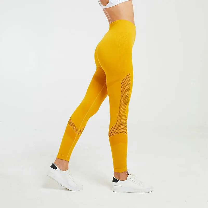 Tanie Hollow Out Bezszwowe legginsy kobiety wysokiej talii spodnie jogi Push Up kontrola brzucha Sport Fitness Gym legginsy Booty sportowe rajstopy