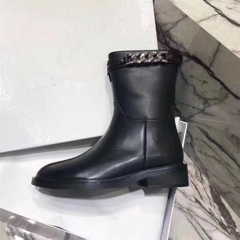 

mental Chain women winter boots Genuine Leather warm fur Insole ankle boots women Motorcycle boots shoes woman zapatos de mujer