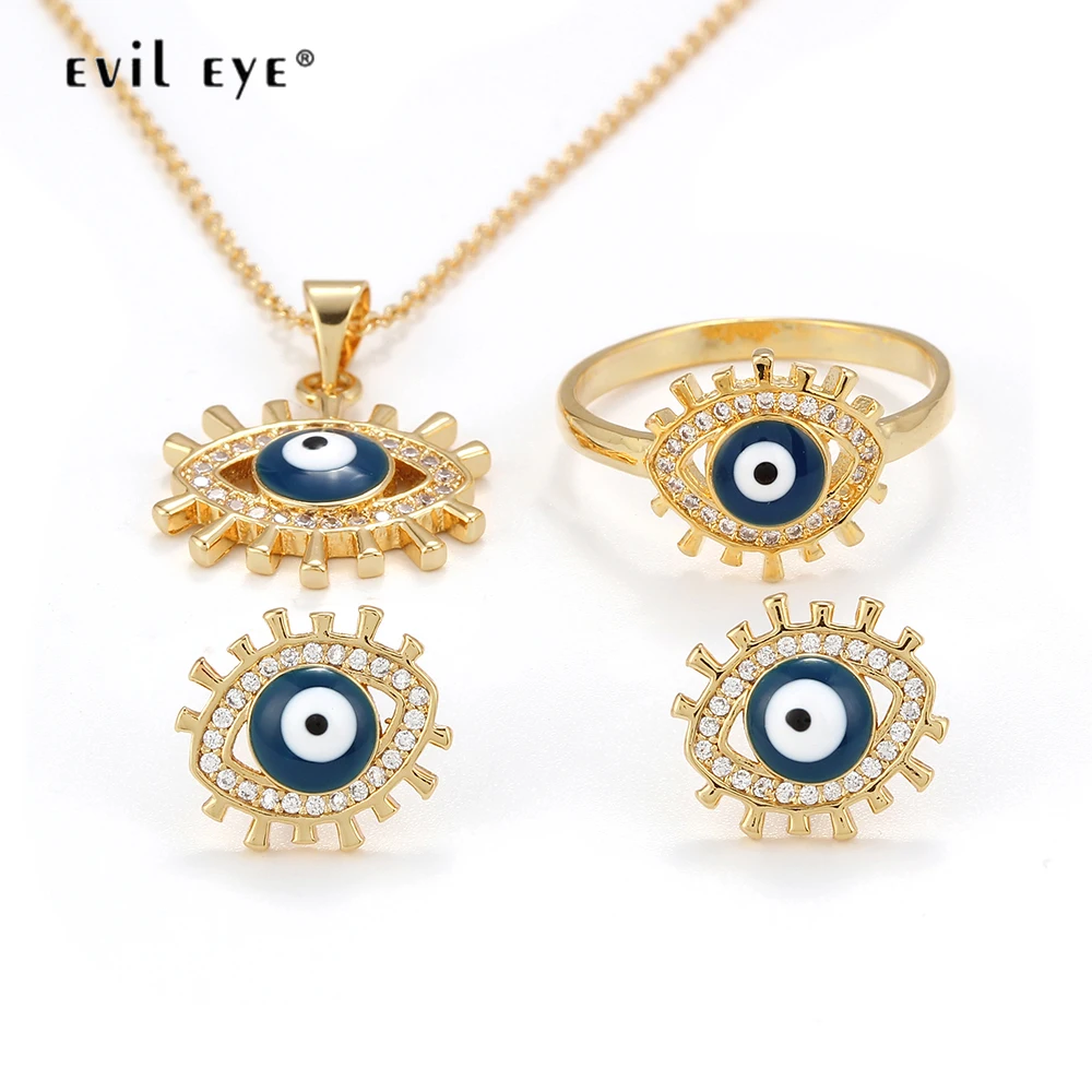 Evil Eye Pendant Necklace Stud Earrings Ring Set Gold Color Neck Chain