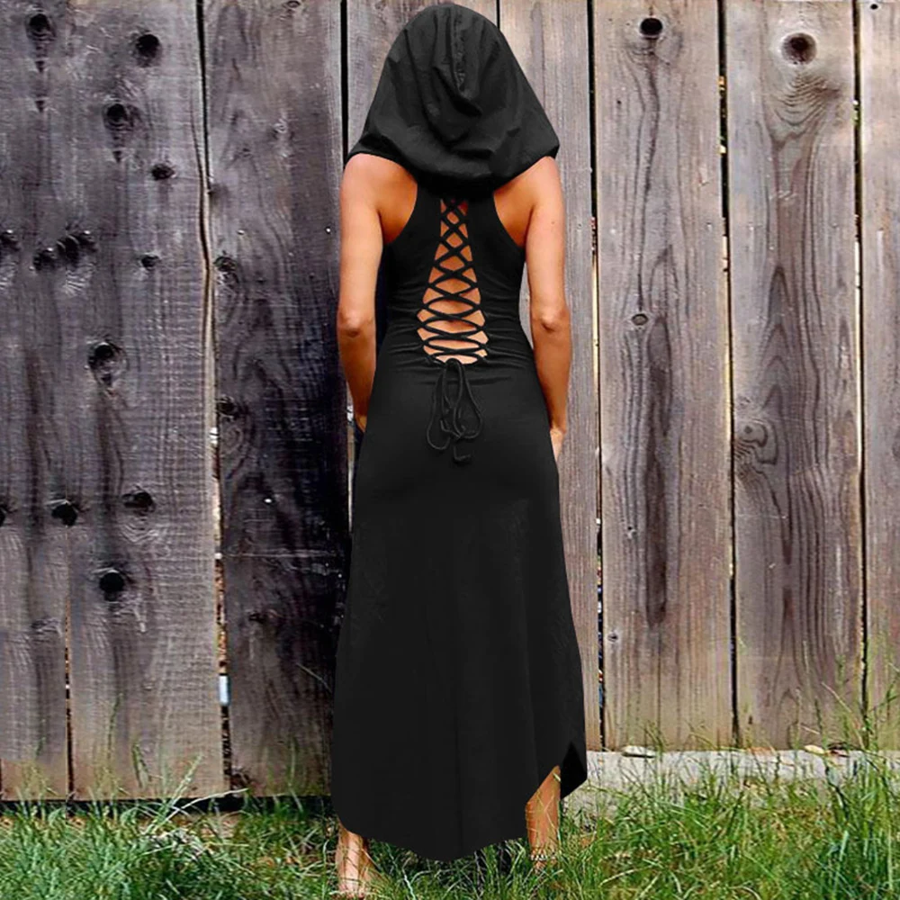 Summer Gothic Maxi Dress Women 2020 Vintage Long Sleeve Dresses Party lace up black  Elegant Dress Female Goth Autumn Long Dress