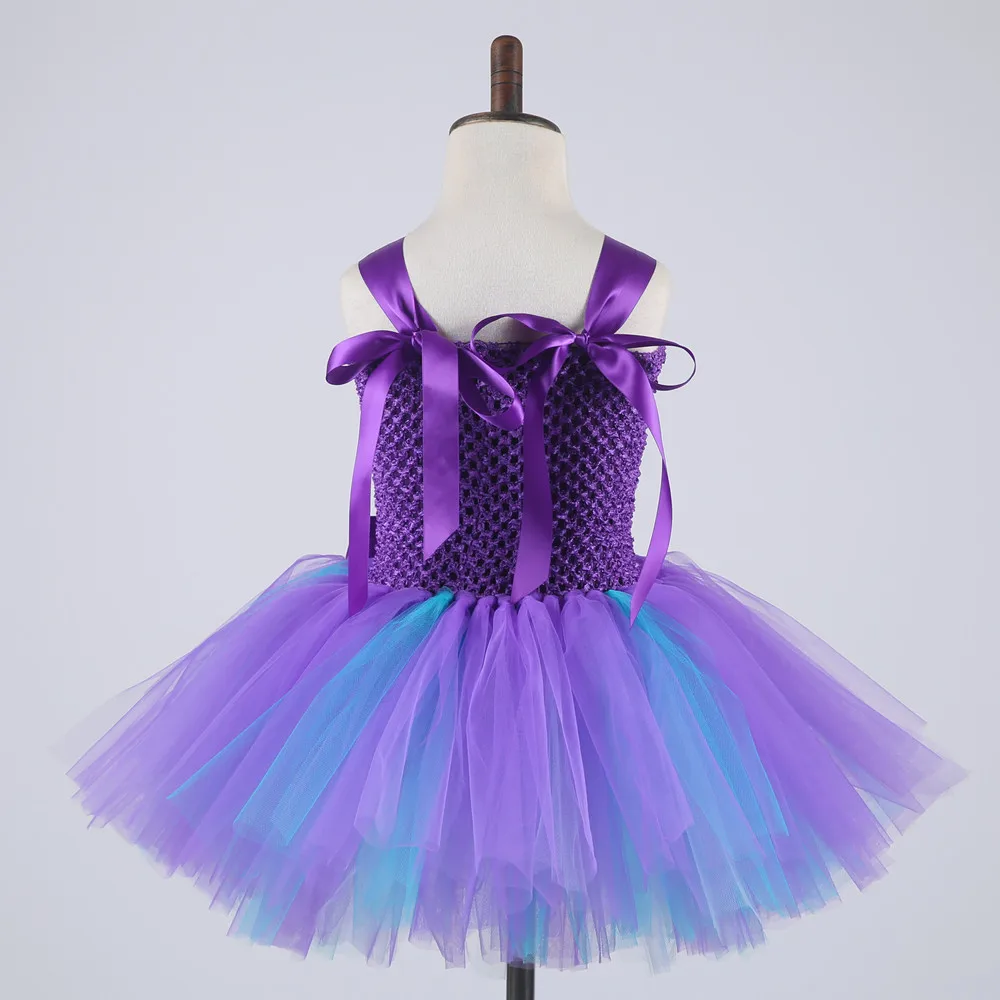Casual Flower Knee length Princess Ariel Dress for Girls Peacock Solid O-neck Party Dress Kids Christmas New Year Bow Tutu Dress (5)