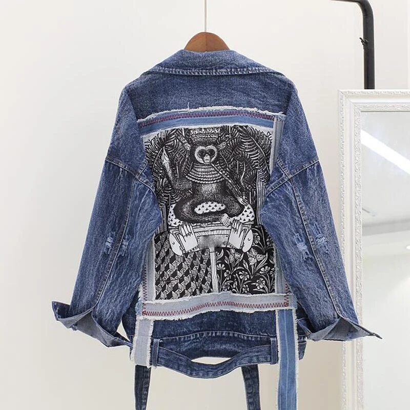 

large size Women jean jacket loose Vintage hole back printed heavy Locomotive jacket denim coats women Streetwear outwear female