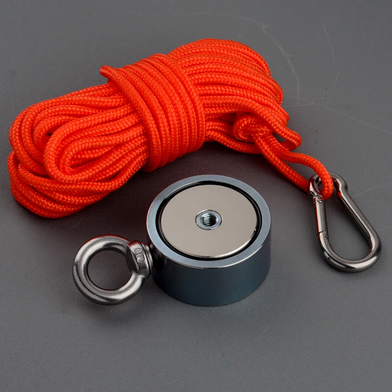 Kaufen Doppelseitige 120Kg Super Imanes Neodym N52 Magnet Starke Suche Magnet Magnetische Material Basis Angeln Magneten mit 15M seil