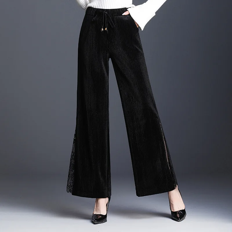 Pierna Mujer Las Mujeres Cintura Negro Moda Pantalones Empalme Terciopelo Black Casual Encaje Calidad Alta Altura De Largos La Ancha WqHzFxw7Y