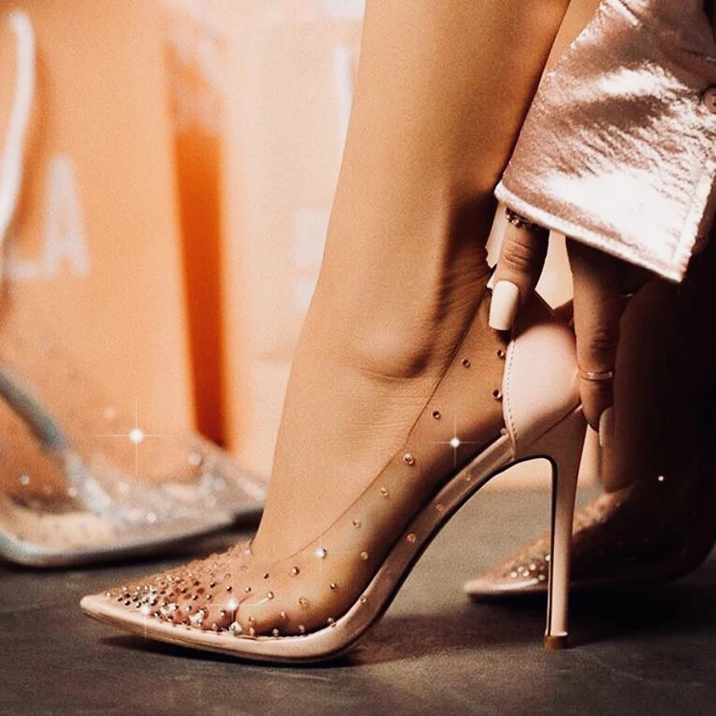 

Rhinestone Women Pumps Transparent Heels Wedding Shoes Spring Summer High Heels PVC Sexy Party Shoes Chaussures Femme