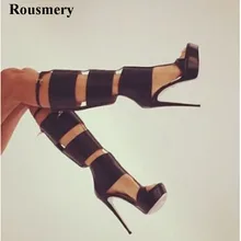 Дизайн; женские модные черные кожаные сапоги-гладиаторы до колена с открытым носком; сапоги на высокой платформе с вырезами; сапоги на высоком каблуке