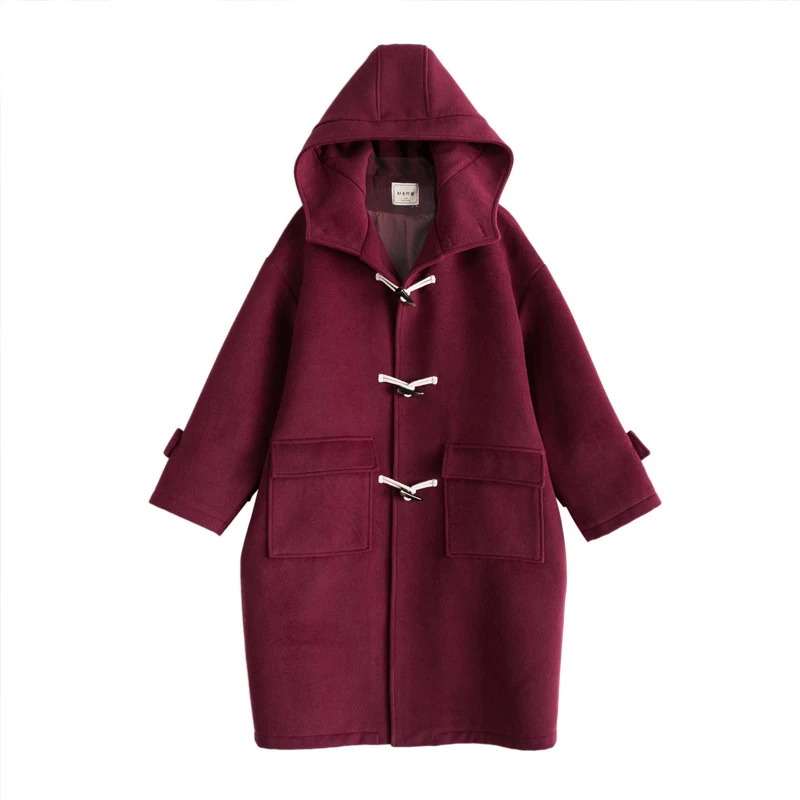 Зимнее длинное шерстяное пальто с капюшоном, Женское шерстяное пальто с роговыми пуговицами и длинным рукавом, женское повседневное осеннее пальто и куртка для женщин - Цвет: wine red