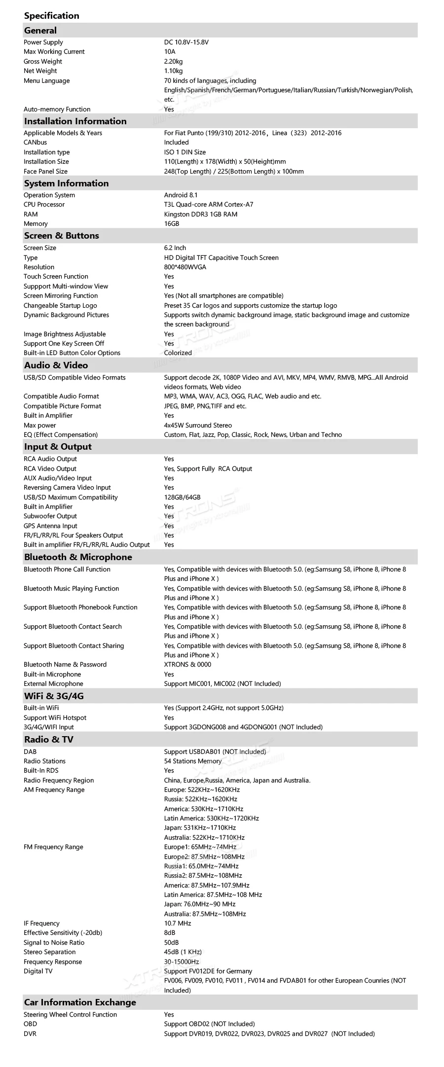 Clearance XTRONS 6.2" Android 8.1 Car Multimedia System RCA GPS Navigation for Fiat Punto (199/310) Linea 2012-2016 NO DVD 23