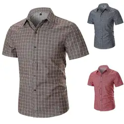 Повседневная Блузка для мужчин плед короткий рукав решетки рубашки для мальчиков s Новые летние модельные рубашки