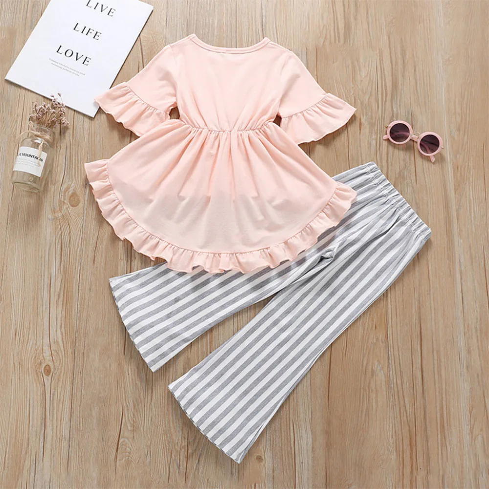 Kids Baby Girls Falbala Irregular T-shirt Top Striped Flare Pants Clothes Set