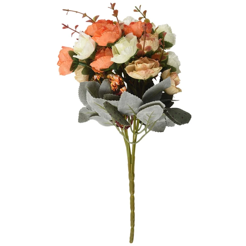 21 голова искусственный шелк Ткань розы цветы поддельные Лист Свадебный букет украшение дома, оранжевый - Цвет: As Shown