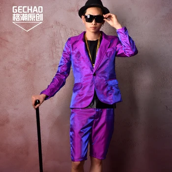

S-5XL 2019 New Nightclub Men's Fashion singer DS DJ Purple dazzle silk quality suit set Star style bar stage costumes