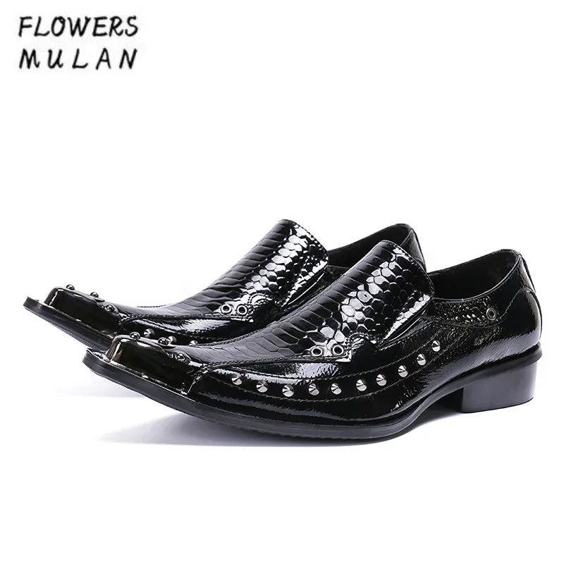 

Fashion Designers Men Dress Shoes Metal Toe Slip On Business Brogue Shoes Studded Rivets Footwear Black Red Genuine Leather