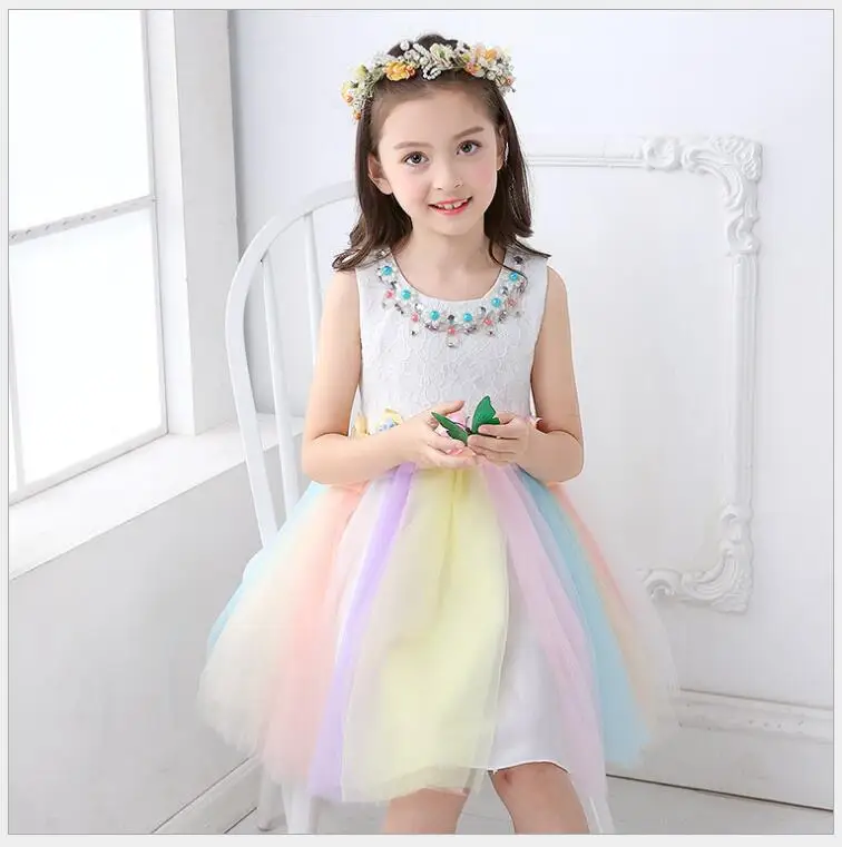 Платье принцессы из тюля радужных цветов элегантное праздничное платье для маленьких девочек на день рождения милый праздничный сарафан с цветочным узором для девочек