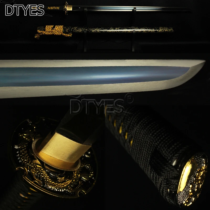 

Full Handmade Japanese Ninja Sword Blue 1095 High Carbon Steel Hira-Zukuri Blade Battle Ready Double Edge Sharped Can Cut Bamboo