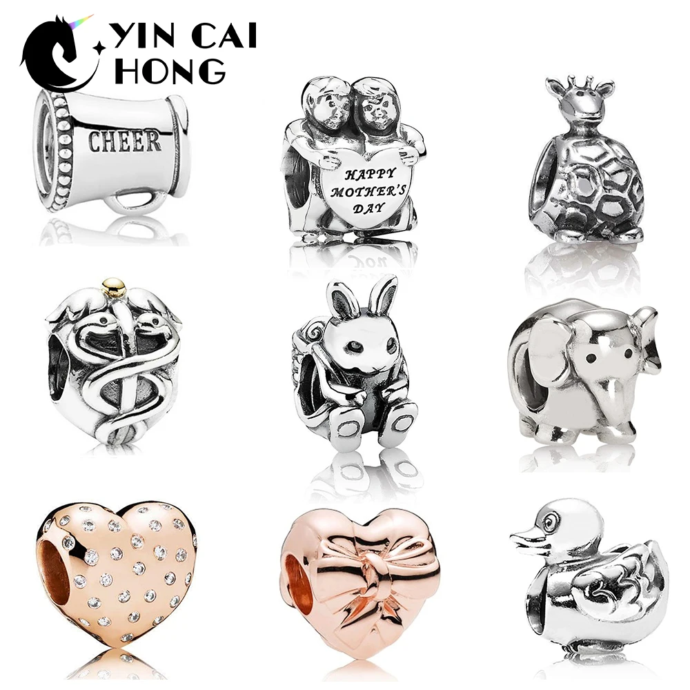

YCH 100% 925 Sterling Silver 1:1 ROSE Love Heart BRILLIANT BOW Charm Giraffe Elephant Duck Rabbit Cheer Mother's Day Beaded
