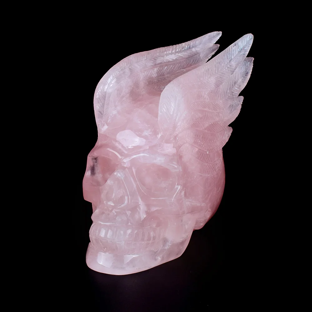 

4.3''Natural Rose Quartz Carved Reiki Healing Gemstone Quartz Crystal Angle Wing Skull Statue Crystal Skull Figurine Home decor