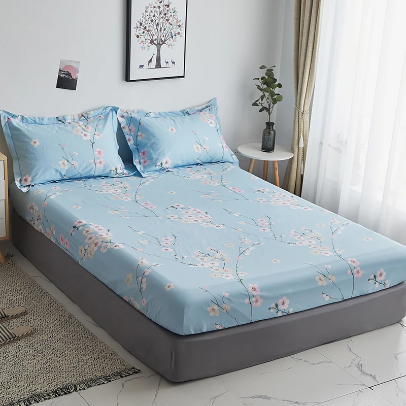 

Blue flower Fitted Sheet(With Elastic Band) Bed Mattress Protective Cover cotton single queen Bed Sheet good quality pillowcase
