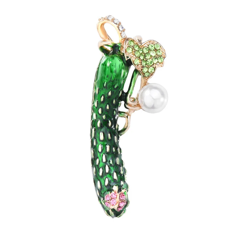 

Green Enamel Cucumber Brooches Rhinestone Vegetable Plant Corsage Clips For Women Summer T-shirt Dress elegant Jewelry Pins