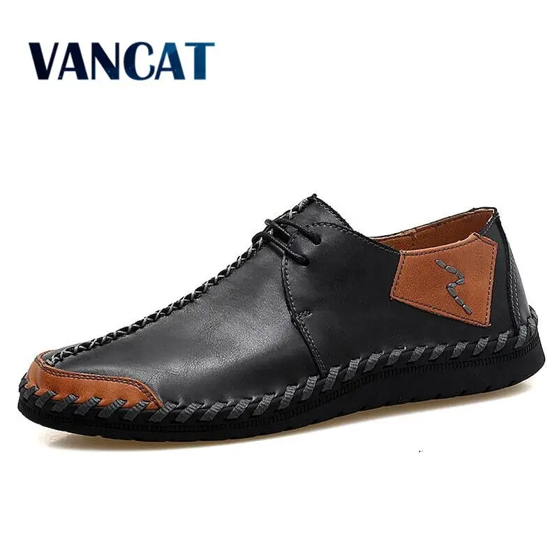 

VANCAT Brand New Men Shoes Big Size 38-47 Mens Shoes Casual High Quality Split Leather Shoes Lace Up Man Flats Shoes