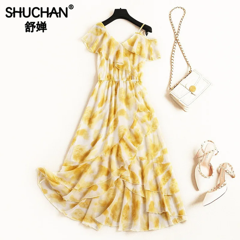 

Shuchan Beach Style One-Shoulder Chiffon Dress Print Summer Dresses for Women Ruffles Women's Leisure Clothing V-Neck 11675