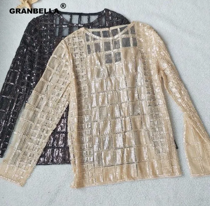 

2018 Europe and America new long sleeves Pullovers sequins sexy lace women blouses famous brand high quality shirts sd86