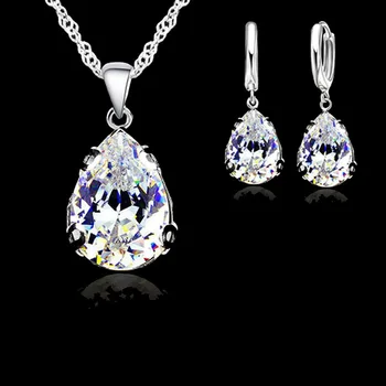 

Solid 925 Sterling Silver Water Drop Austria Crystal Pendant Necklace Earring Jewelry Set for Women Wedding Engagement