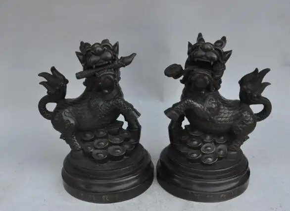 

S3287 10"china bronze vwealth money coin ingot ruyi Writing brush Kirin Unicorn statue