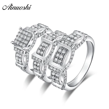 

AINUOSHI 925 Sterling Silver Couple Wedding Engagement 4 Prongs Rings Sets Women Men Anniversary Lovely Promise Ring Sets Gifts