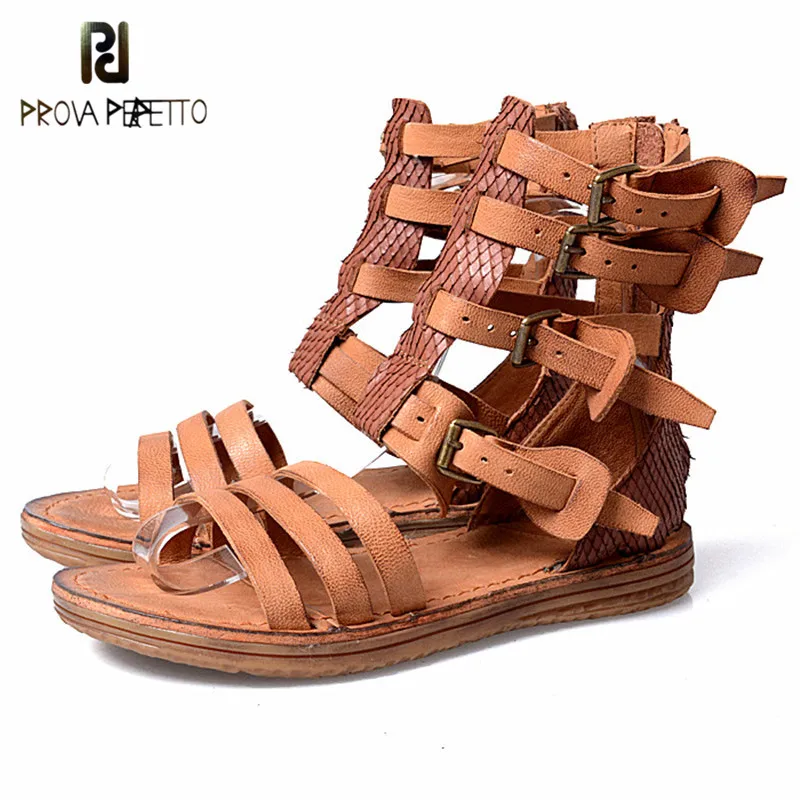 

Prova Perfetto 2018 European Style Flat Summer Rome Sandals Fashionable Casual Genuine Leather Sandals Cover Heel Solid Color