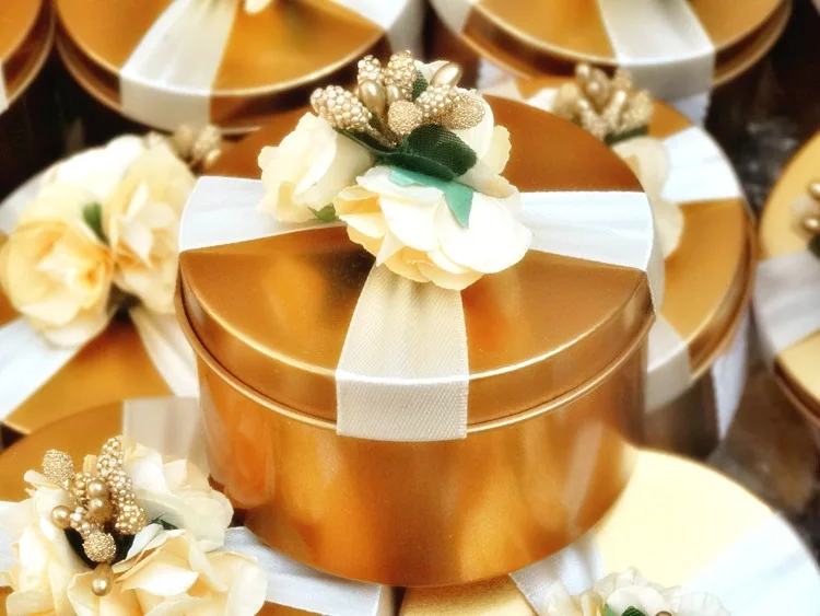 100 шт./лот Золотые круглые коробочки для сувениров на день рождения с цветами шампанского