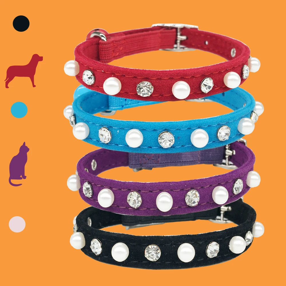 Rhinestones Diamante Pearl Necklace Crystal Bling and Bell Puppies Dog Cat Collar Safety Elastic Adjustable Soft Velvet Material