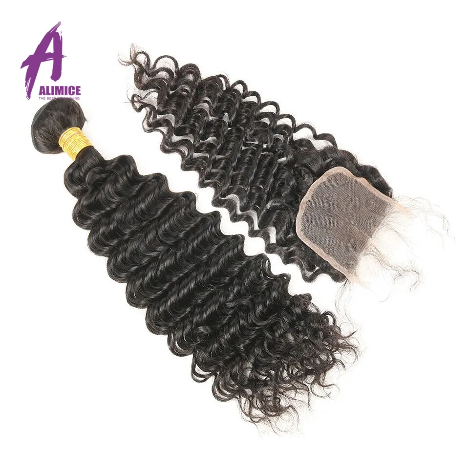 Alimice Hair Deep Wave Human Hair 3 Bundles With Closure Brazilian Hair Weave Bundles With Closure Non Remy Hair Extensions (30)