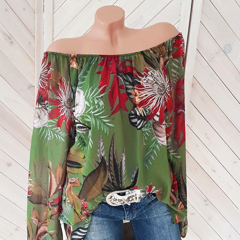 

womens tops and blouses harajuku Plus Size Long Sleeve Floral Print Off Shoulder Blouse Pullover Tops Shirt