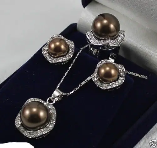 FREE SHIPPINGElegant 10mm &amp14mm Coffee South Sea Shell Pearl Earrings Necklace Ring Set AAA+ (A0423) | Украшения и аксессуары