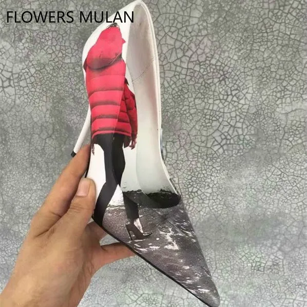 

New Designers Famous Brand Printed Red Down Jacket Pattern Leather Pointed Stiletto Women's Shoes Chic Pointed Toe Runway Shoes