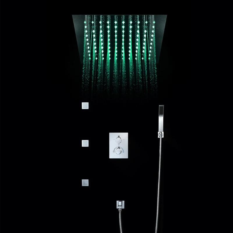 Ceiling Mounted 64 Color LED Rainfall Shower Heads 4 Functions Brushed Shower Faucets Set Water Power Light Bathroom Rain Shower