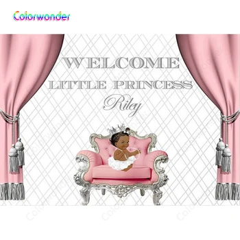 

Photographic Background Little Princess Wearing White Dress Sitting on the Pink Sofa 7x5ft White Wall with Pink Curtain Backdrop