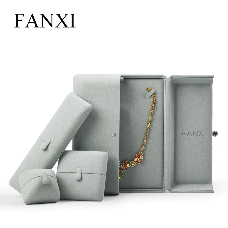 

Fanxi New Arrival Gray Microfiber Jewelry Box Ring Pendant Bracelet Chain Packaging Box with Button for Gift Wedding Proposal