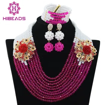 

White Fuchsia Pink African Beads Jewelry Set Nigerian Wedding Crystal Bridal Necklace Bracelet Earrings Set Free Shipping WB762