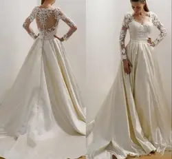 Арабский атласные свадебные платья с иллюзией сзади покрыты пуговицы Новые свадебные платья для пляжа страна одежда длинным рукавом