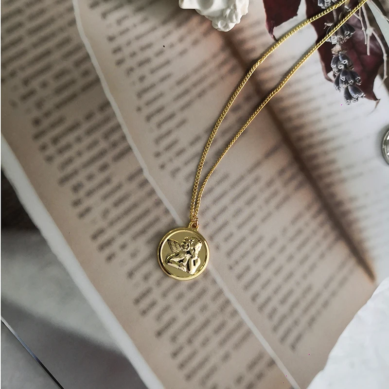 GHIDBK золото серебро ангел-хранитель медальон ожерелье с кулонами в виде монет защита Херувим Купидон Чокеры религиозные воротники ювелирные изделия
