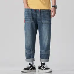 Новые мужские джинсы, свободные модные повседневные джинсовые брюки с галстуком, мужские брюки, штаны-шаровары, уличные джинсы в стиле