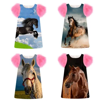 

Kids Children Clothing baby Girls Dress The horse print fashion Birthday party Dresses Spring/Autumn faux fur sleeve Toddler